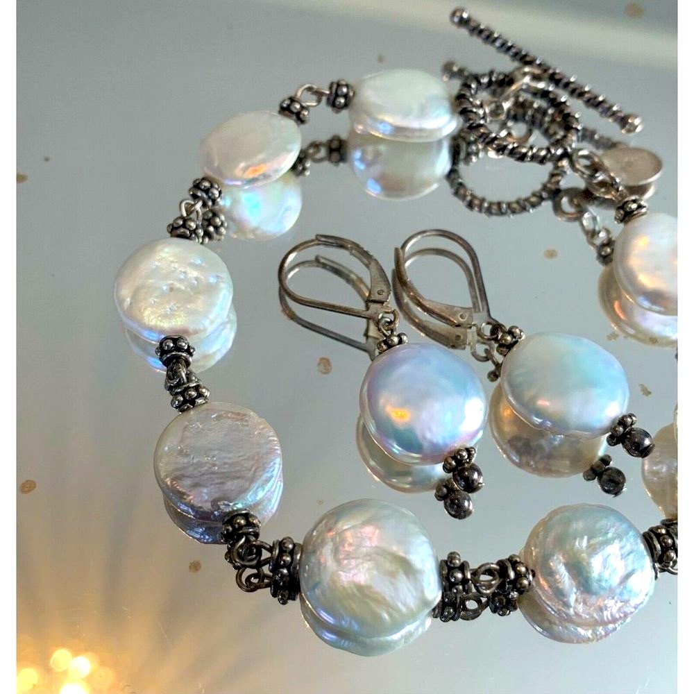Sterling Silver Mother of Pearl Bracelet Matching Earrings Set Donna Dressler
